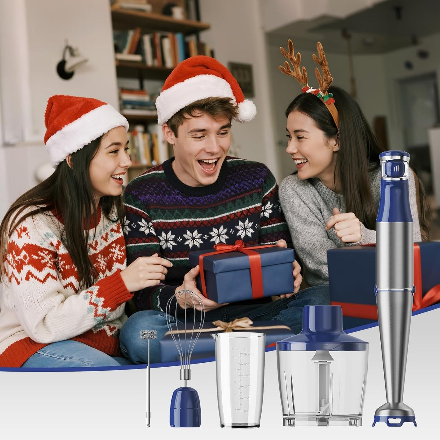 Skiennix Immersion Blender - 1100W Handheld Stick Mixer with Variable Speed, Chopper & Whisk - Navy Blue
