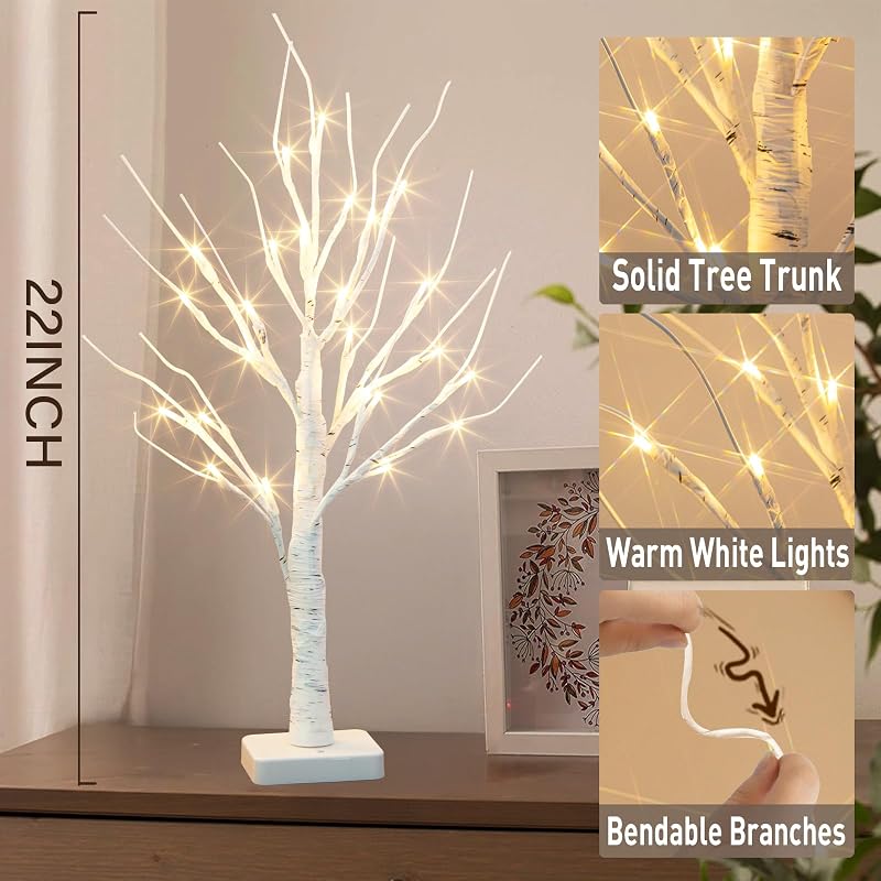 White Birch Tree Lighted Tabletop Decor 22-Inch Battery-Powered w/ Timer