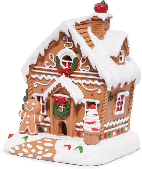 Hodao Gingerbread House Decor Figurine - Battery-Powered 5.1" Resin Village for Festive Indoor Displays