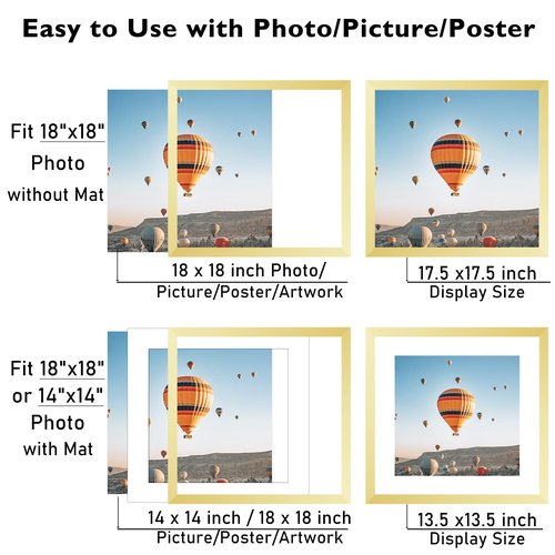 JCJMY 18x18 Picture Frame Gold with 14x14 Mat, Display Photo 14x14 with Mat or 18 x 18 Without Mat, Wall Hanging Large 18x18 Poster Frame with Shatter Resistant Plexiglass, Gold