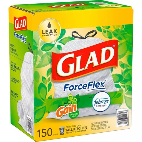 GLAD ForceFlex Tall Kitchen Drawstring White Trash Bags, Gain Original Scent with Febreze Freshness (13 gal, 150 ct.)