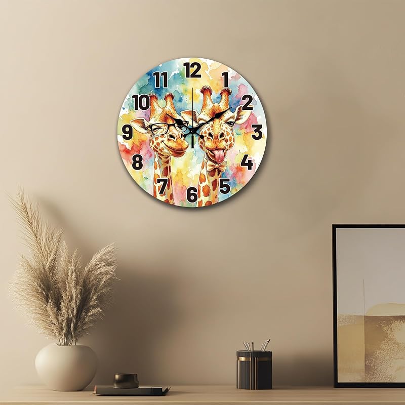 12 Inch Watercolor Giraffe Pattern Wall Clock | Silent Non-Ticking Decor