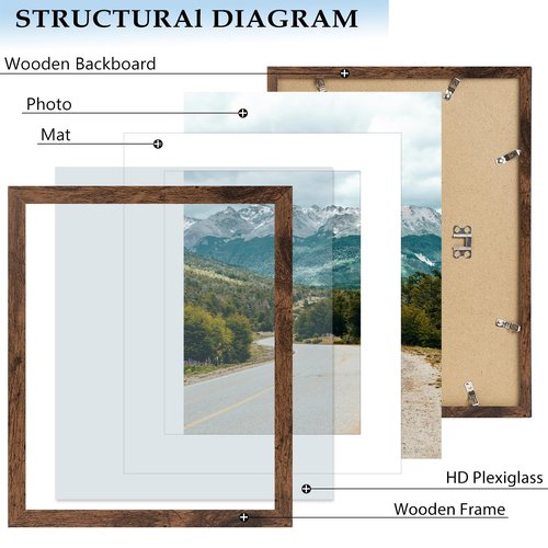 QOTIB 11x14 Picture Frame with 8x10 Mat Deep Brown, Display 8x10 with Mat or 11x14 Without Mat, Wood 11 by 14 Photo Frame, 11 x 14 Frame for Wall Hanging Display, Deep Brown