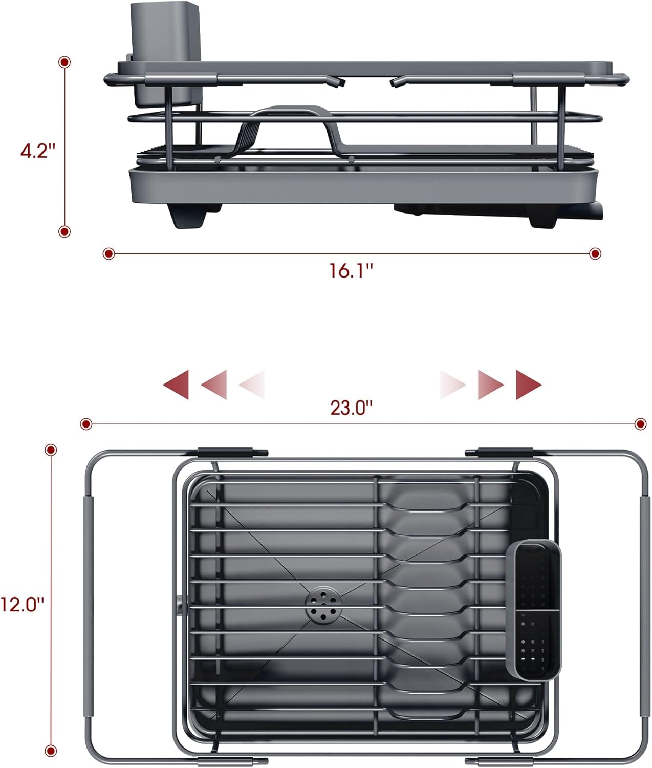 Skiennix Extendable Dish Drying Rack - Over Sink Storage with Utensil Holder | 12" W x 16.1~23" L, Gray
