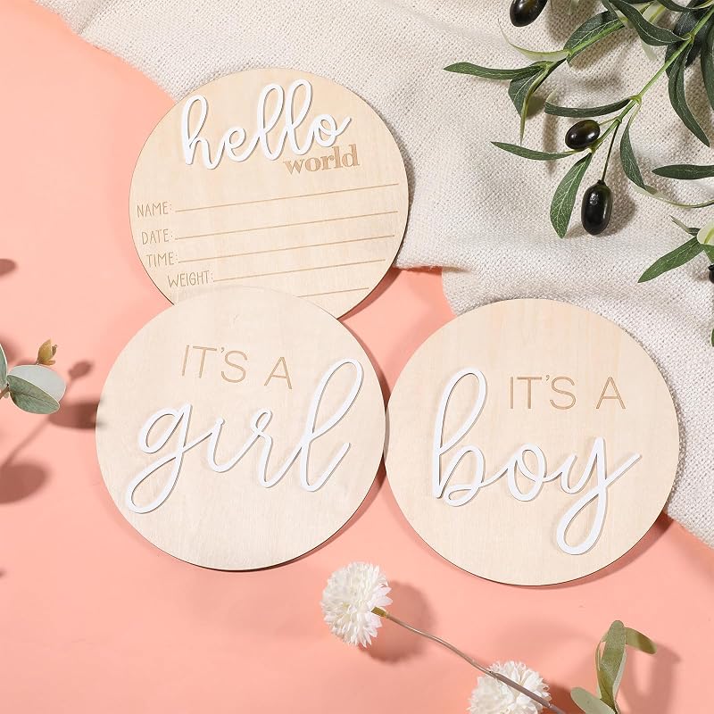 Wooden Baby Announcement Sign Set - 3pcs Hello World Its a Boy Its a Girl Basswood