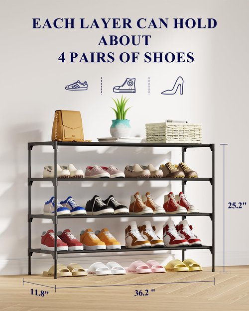 Kitsure Shoe Rack - Non-Woven Shoe Rack Shelf, Shoe Organizer for Closet, Entryway, Garage & Corridor, Stackable Shoe Shelves, 36.2" Wide - 4 Tier, Black