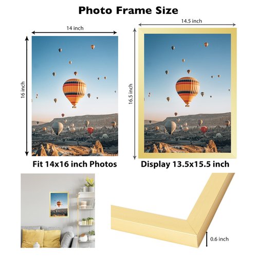 JCJMY 14x16 Picture Frame Gold for Poster Photo Picture, Horizontal and Vertical Formats for Wall Hanging, 14 x 16 Wall Gallery Poster Photo Frame for 14 by 16 Photos Posters, Gold