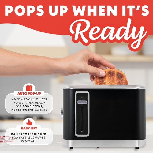 Gourmia 2 Slice Toaster - Extra Wide Slots, 6 Browning Levels & One-Touch Toasting | Compact Black Design