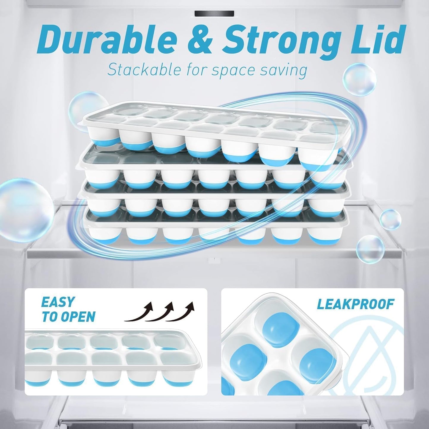 Skiennix Ice Cube Tray Set - 3 Durable Stackable Trays with Lids for Easy Ice Release | 42 Cubes