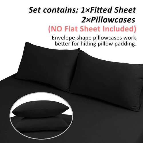 Soft Stretch Queen Fitted Sheet & 2 Pillowcases Set(No Flat Sheet) - Jersey Knit Microfiber, Super Stretchy & Stay Put for Mattress (Deep: 5"-15"), Wrinkle Resistant, Queen, Black