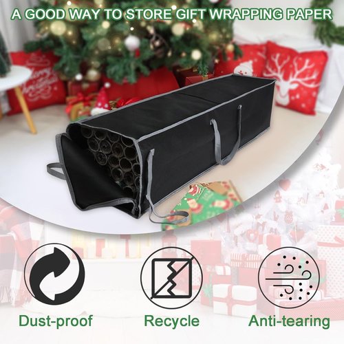 Demao Large Wrapping Paper Storage Bag - 41" Christmas Gift Wrap Organizer | Holds 25 Rolls, Dustproof & Stain-Resistant, Black & Gray Design