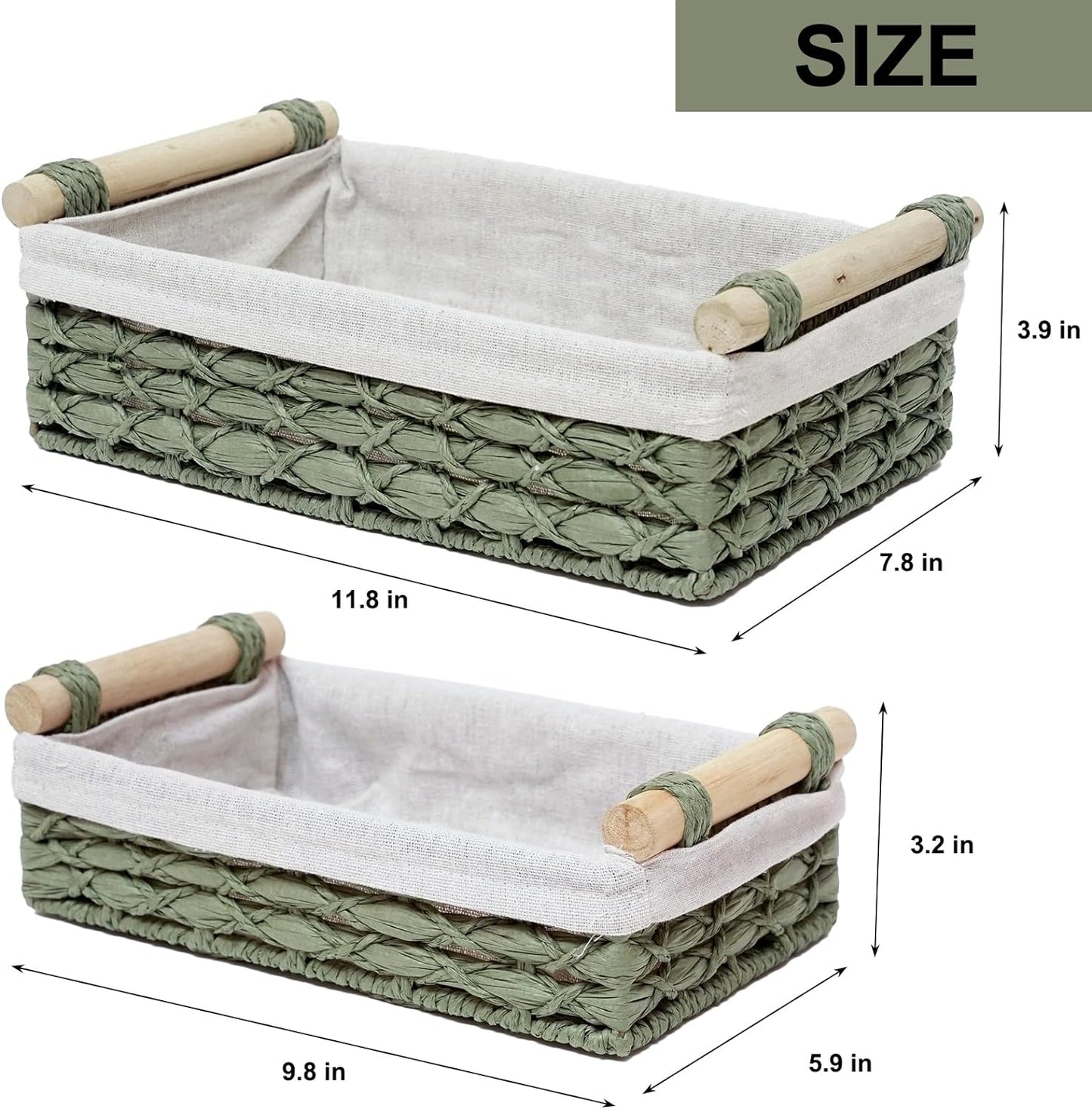 Skiennix Wicker Storage Baskets - Decorative Organizing Bins with Handles | Set of 2, Green