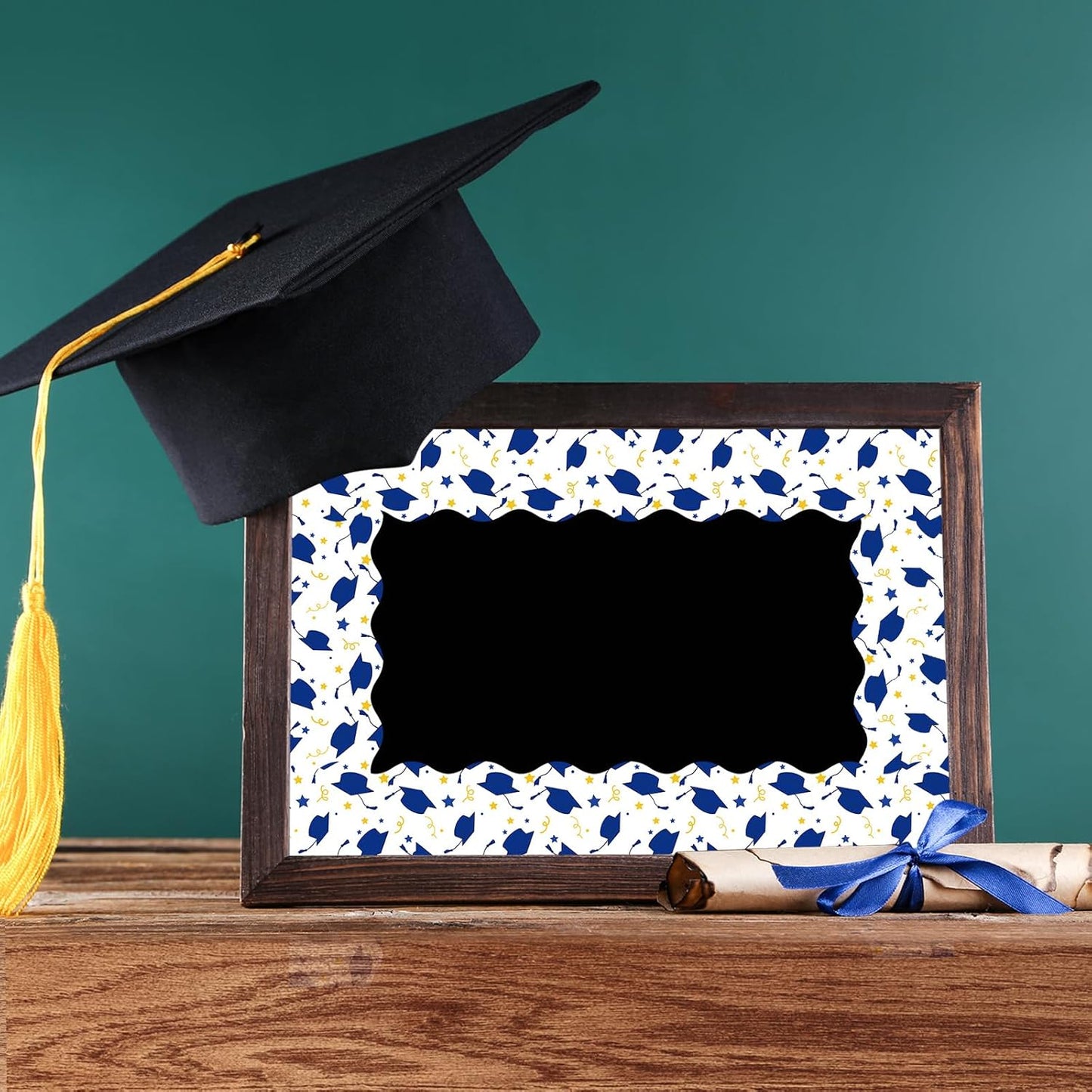Whaline Graduation Bulletin Board Border - 69Ft Blue & Gold Cap Star Trim for Grad Party Decor