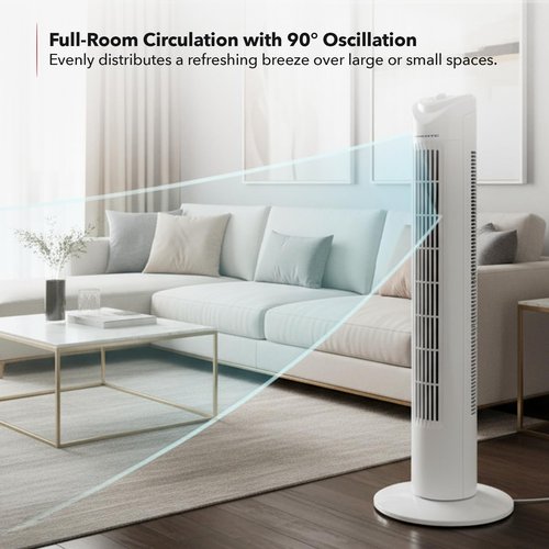 OVENTE 32" Tower Fan for Bedroom, Portable Stand Fan with 90° Oscillation, Adjustable Speed, Compact and Slim Manual Bladeless Indoor Fan Ideal for Cooling Home with Kids or Office, White TFO3SW