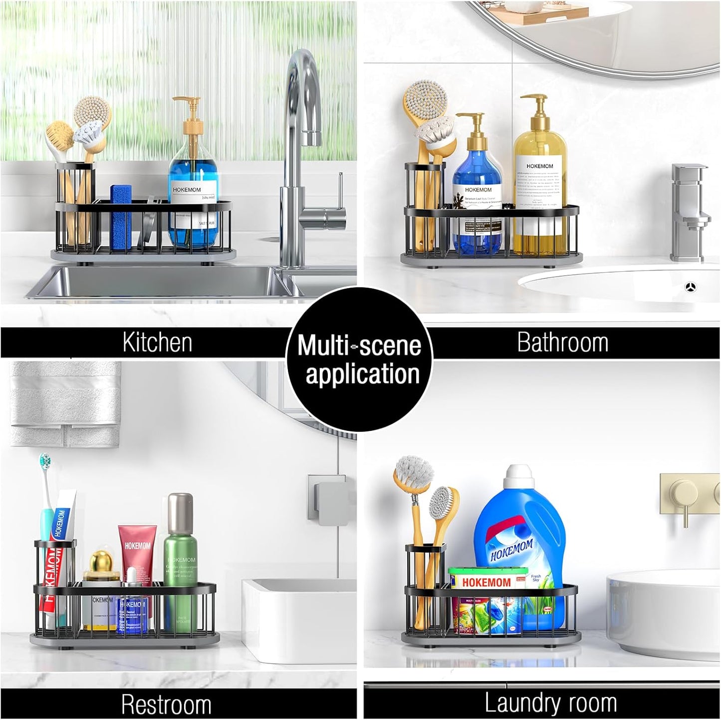 Skiennix Kitchen Sink Caddy Organizer - Rustproof Stainless Steel with Stay-Dry Stone Tray | Black