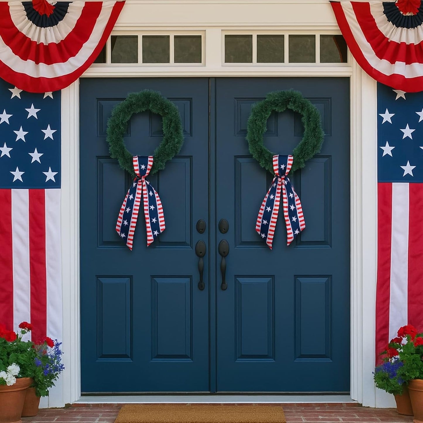 YKW Patriotic Wreath Sash - Premium Cotton Linen, 5" W x 56" L, Red White Blue Stars & Stripes for 4th of July Decor