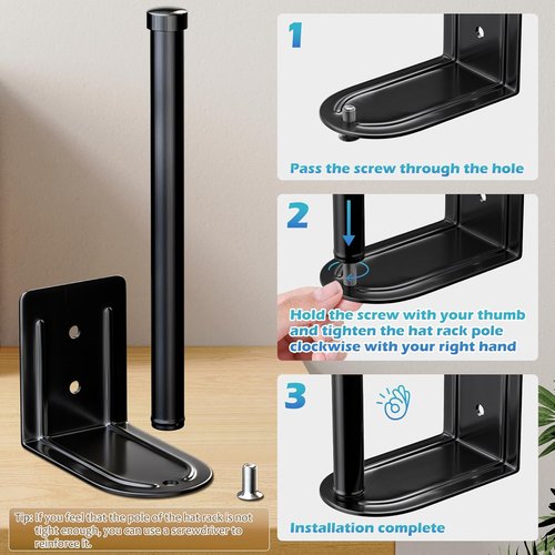 HzTinT Stainless Steel Hat Organizer - 4 Pack Baseball Cap Rack with Strong Adhesive | Wall-Mounted & Door Hooks (Black)