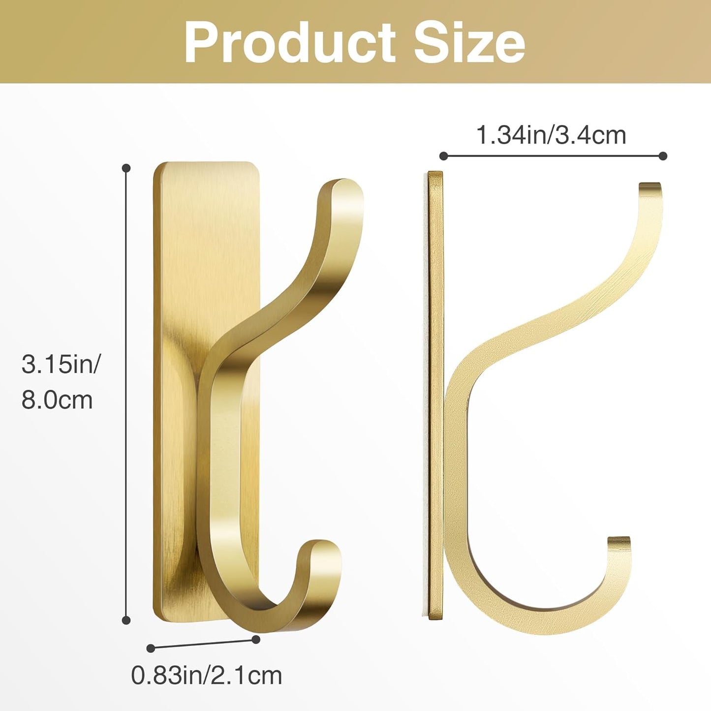 Pickpiff Adhesive Wall Coat Hooks - Heavy-Duty Metal Hangers for Towels, Bags, and Clothes - Gold, 4 Pack