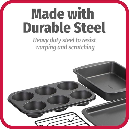 GoodCook 4-Piece Nonstick Steel Toaster Oven Set - Includes Sheet Pan, Rack, Cake Pan & Muffin Pan, Gray