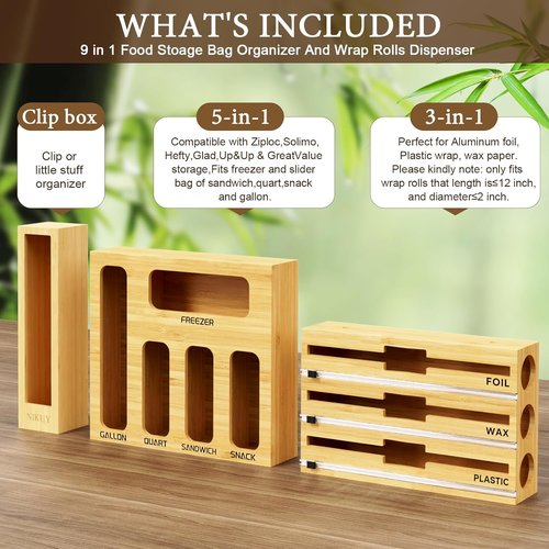 Bamboo 9-in-1 Foil & Plastic Wrap Organizer - Kitchen Drawer Storage with Labels for Bags