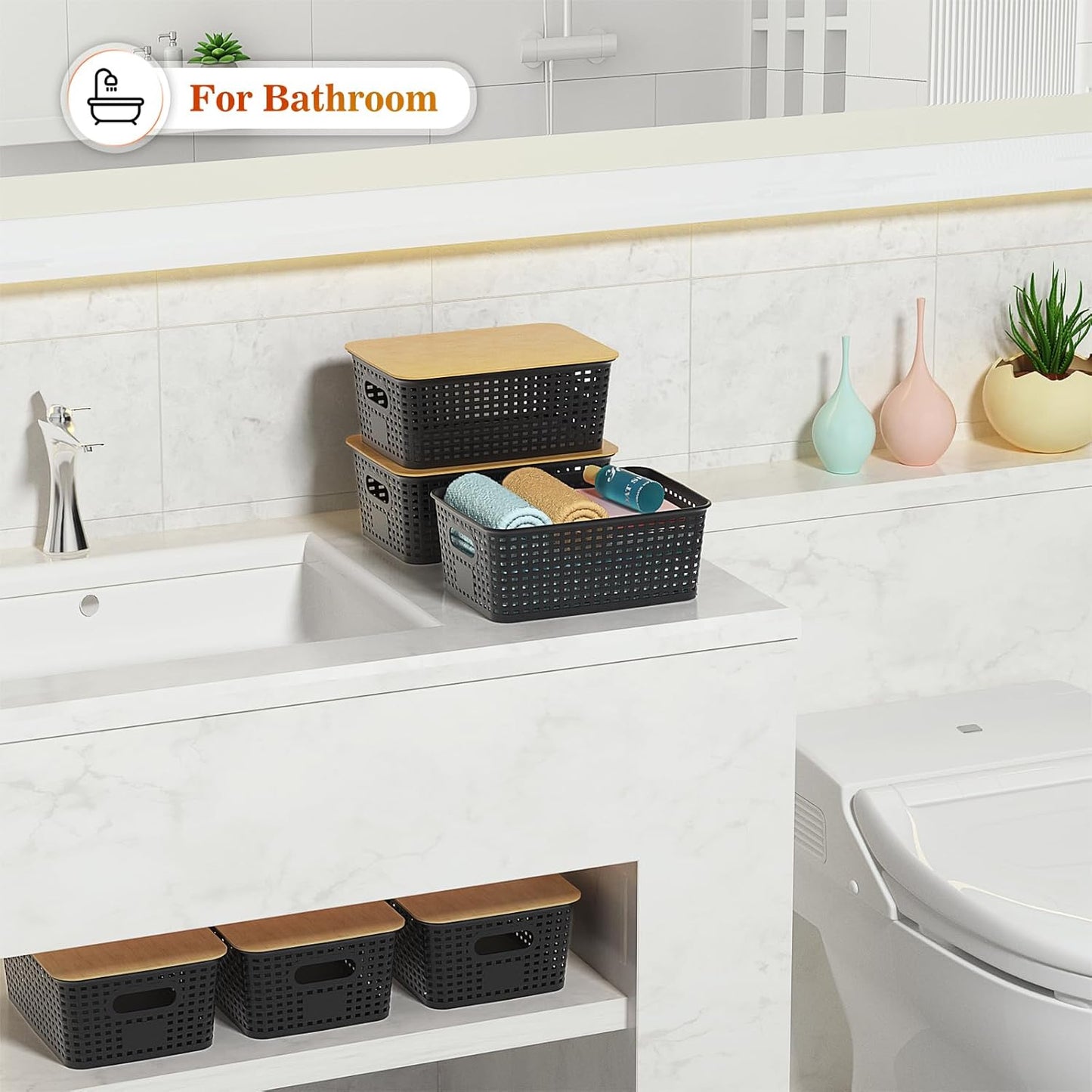 Ohmlove Plastic Storage Baskets - Stackable Containers with Bamboo Lid | 6-Pack for Organizing Home & Office