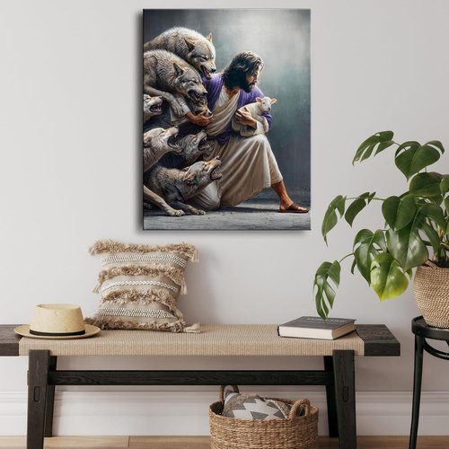 Christian Wall Art - Jesus the Good Shepherd Canvas Print | Guardian Shepherd Protecting Lambs - Ideal for Home Decor & Gifts