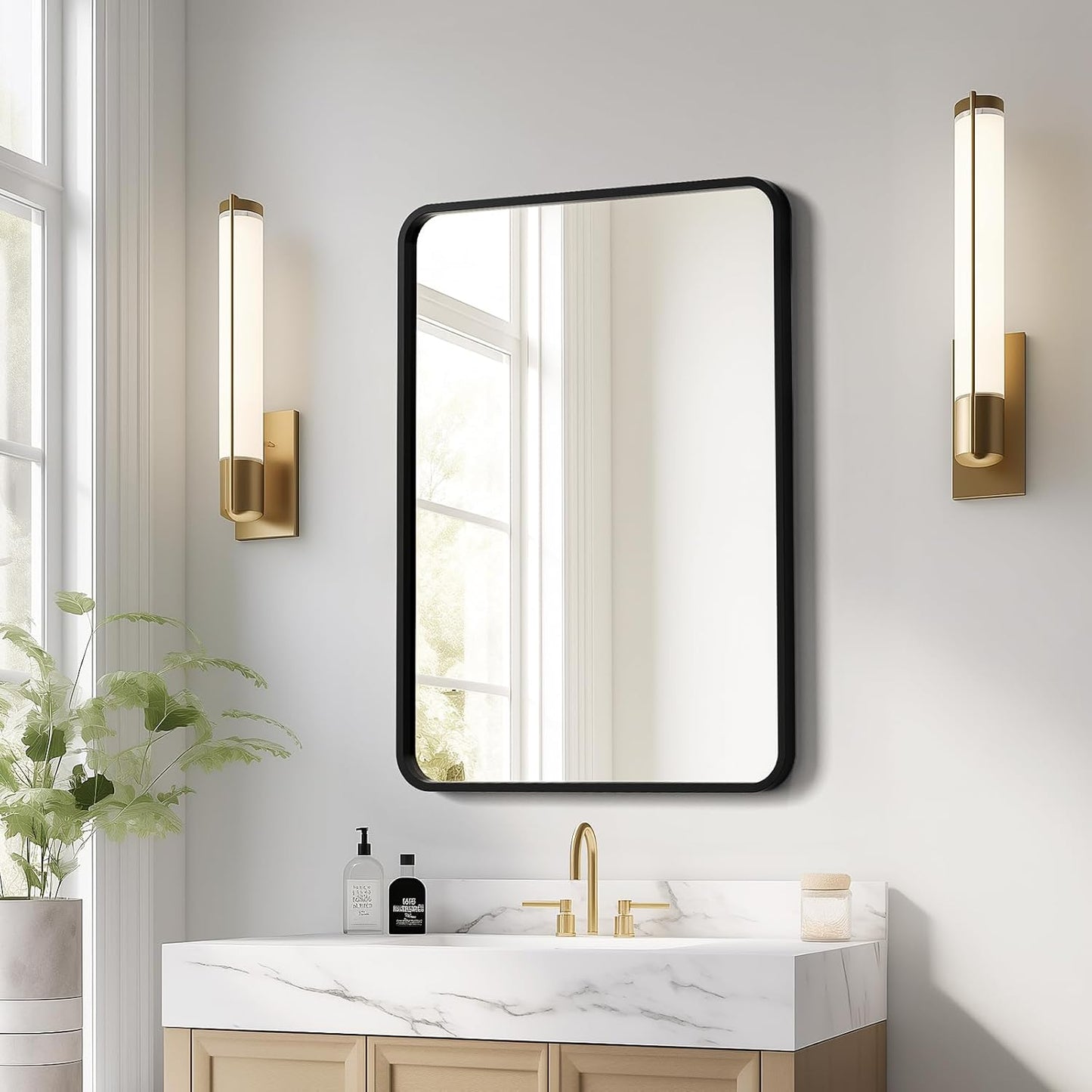 USHOWER Black Bathroom Mirror - 22 x 30 Inch Matte Rectangle Mirror with Rounded Metal Frame