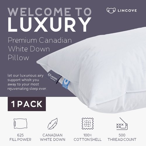 Lincove Cloud Natural Canadian Down Pillow, White Luxury Sleeping Pillow - 625 Fill Power, 100% Cotton Shell, 500 Thread Count, Made in Canada, Queen - Soft, 1 Pack