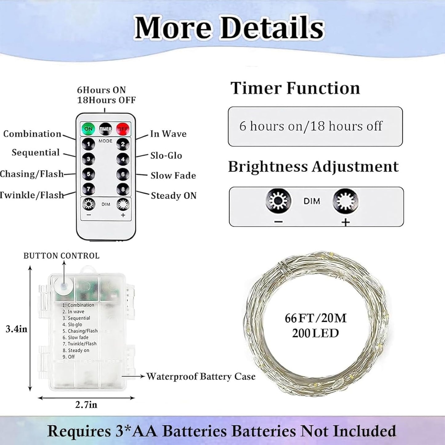 Skiennix 66FT Battery Operated Fairy Lights - 200 LED Waterproof String Lights with Remote & Timer for Indoor/Outdoor Decor