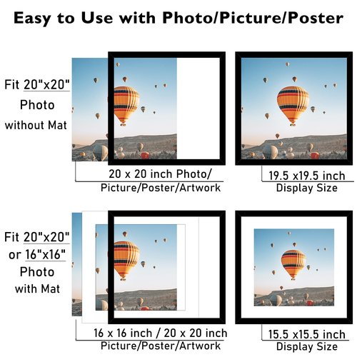 JCJMY 20x20 Picture Frame Black with 16x16 Mat, Display Photo 16x16 with Mat or 20 x 20 Without Mat, Wall Hanging Large 20x20 Poster Frame with Shatter Resistant Plexiglass, Black