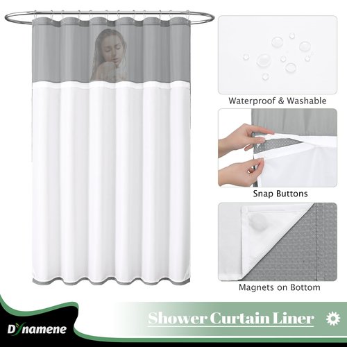 Dynamene Fabric Shower Curtain with Snap in Liner, Grey Waffle Hotel Shower Curtains for Bathroom, Washable Waterproof Cloth Shower Curtain Liner Set with Plastic Hooks, Mesh Top Window, 72x72, Gray