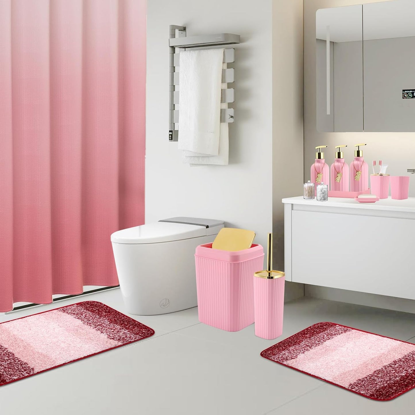 WSBArt 32PCS Bathroom Set - Stylish Pink Shower Curtain & Rug Accessories with Trash Can