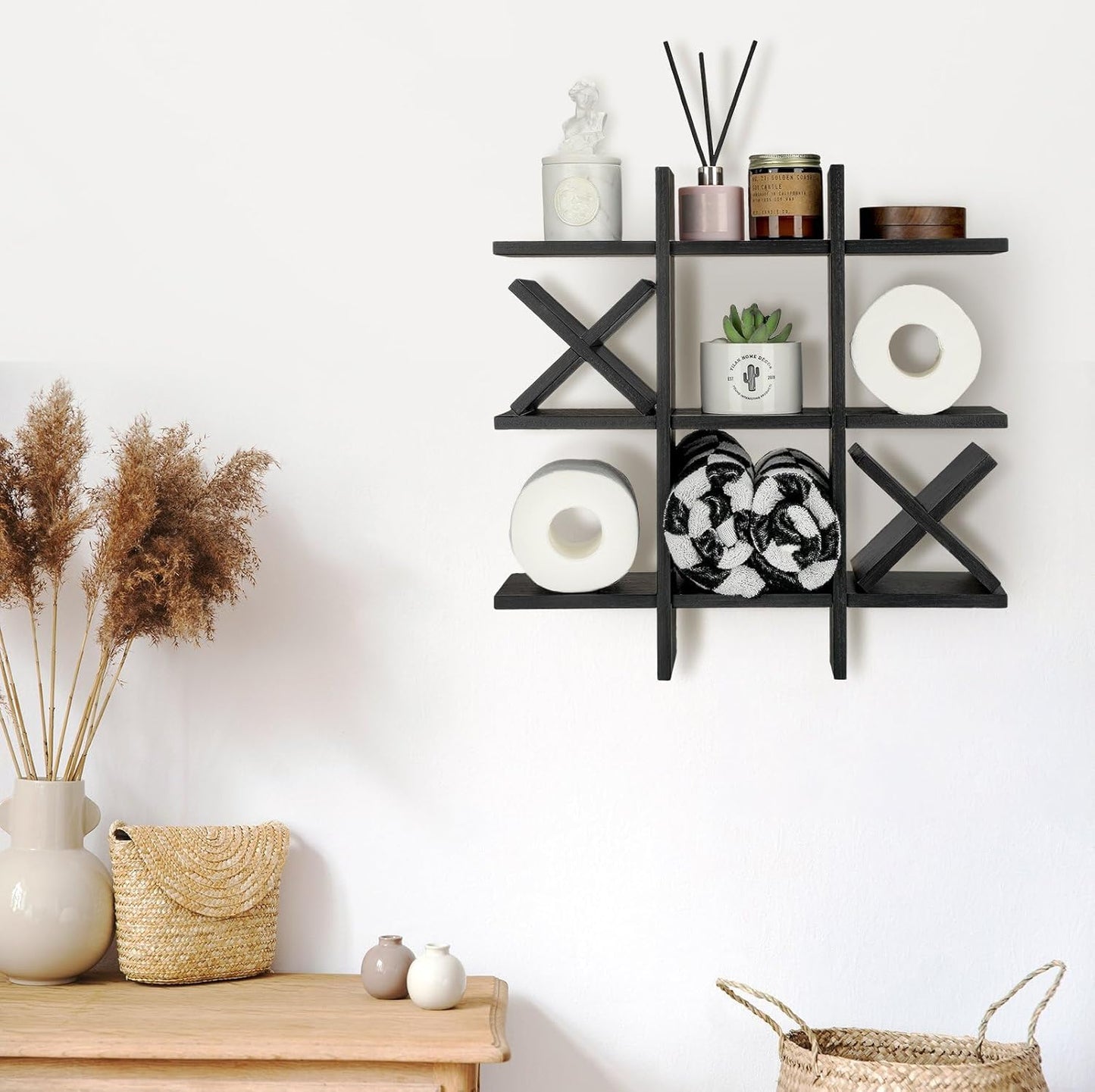 Weysat Rustic Wooden Tic Tac Toe Toilet Paper Holder - Freestanding Bathroom Decor & Storage