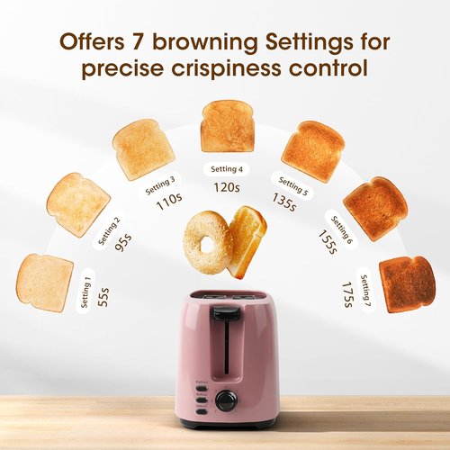 iSiLER 2-Slice Toaster - 1.3-Inch Wide Slot Bagel Toaster with 7 Shade Settings | Pink Finish, Removable Crumb Tray