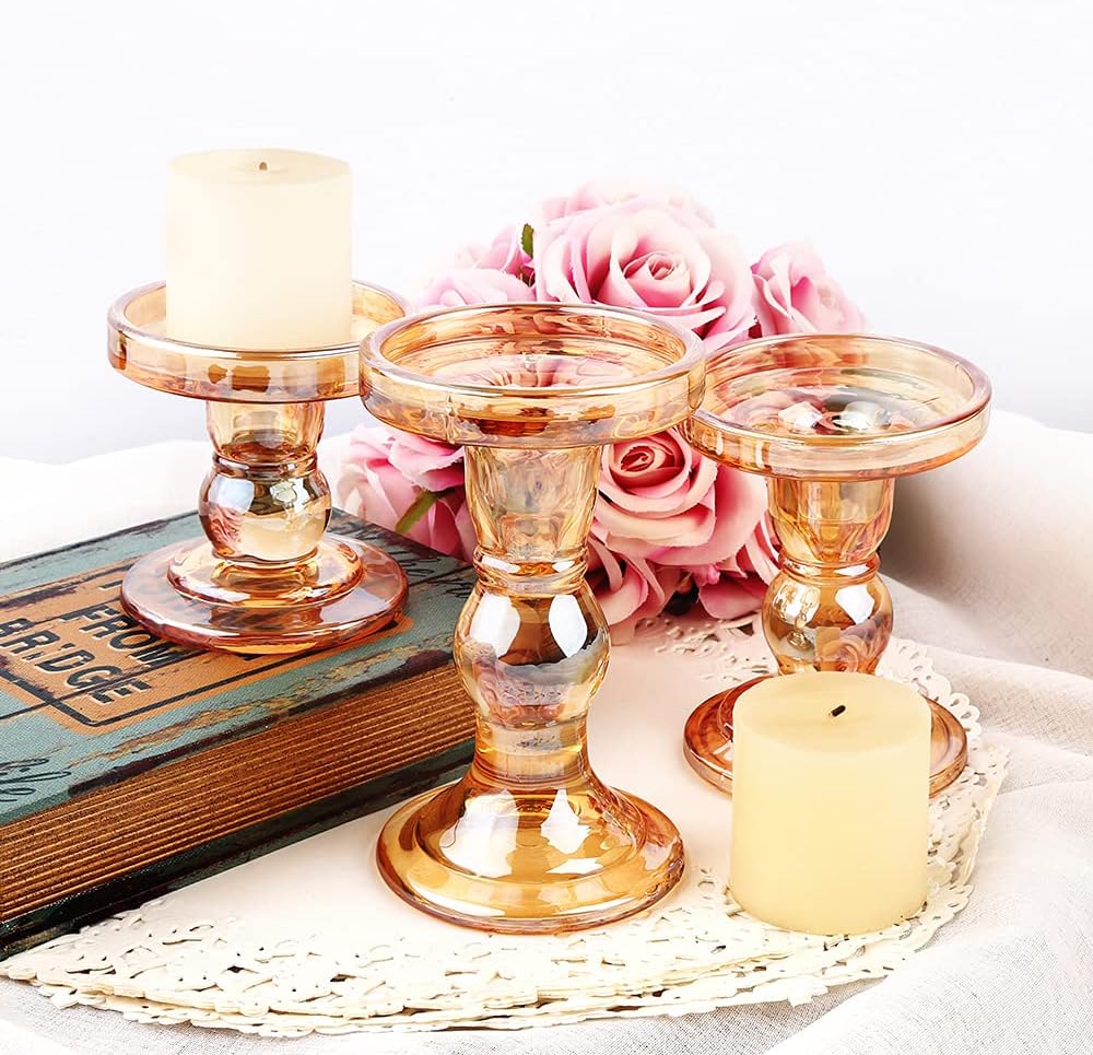 Skiennix Glass Candlestick Set - Elegant Crystal Candle Holders for Weddings & Home Decor | Clear, 6 Pieces