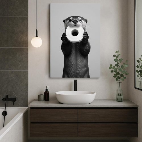 Funny Otter Wall Art - Humorous Black and White Canvas Print for Bathroom Decor | 12x16''