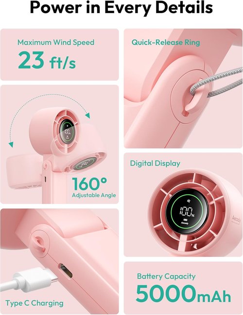 Aecooly Portable 3-in-1 Turbo Handheld Fan - USB Rechargeable, 22H Max Cooling Time, Pink