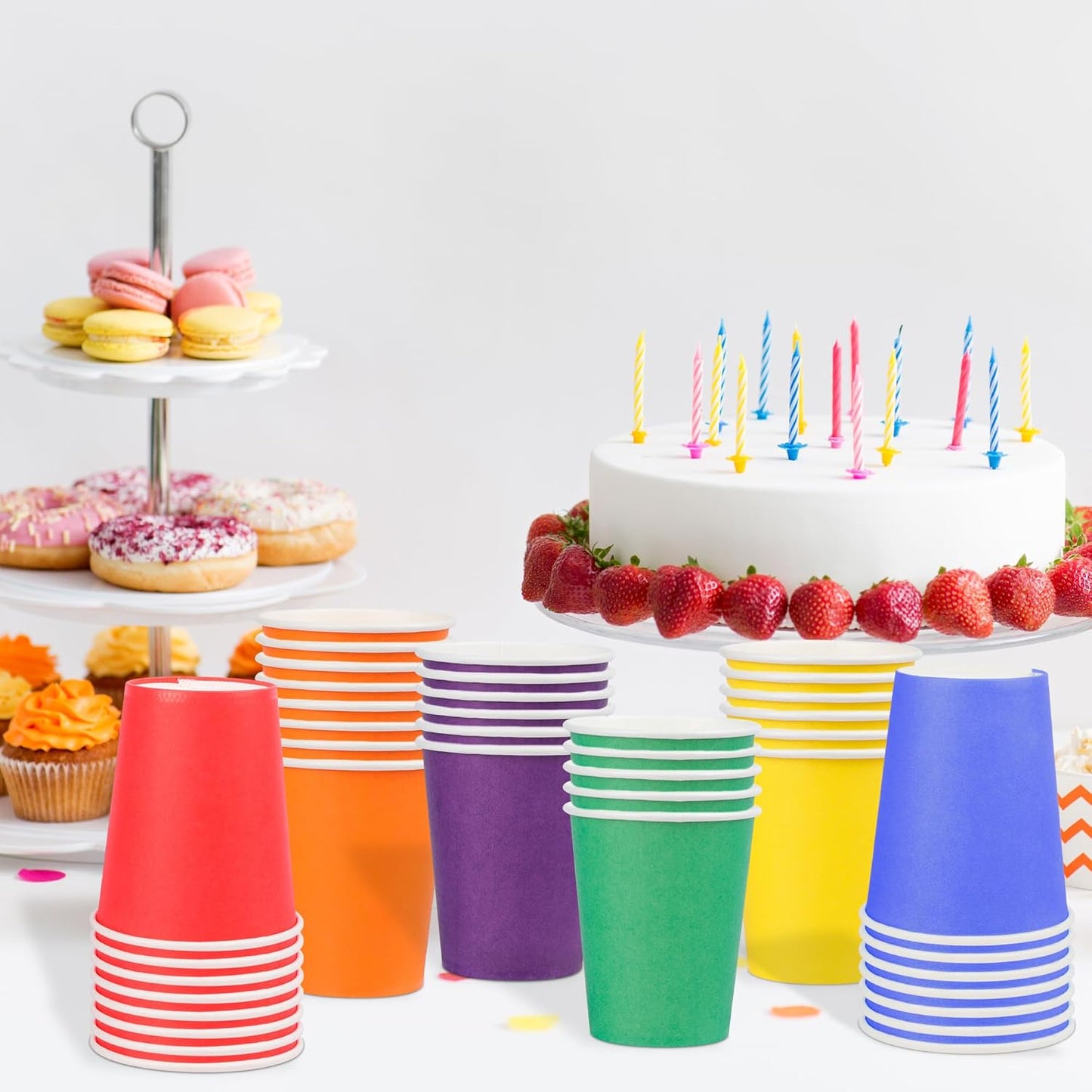 Rainbow | 9 Oz Disposable Paper Cups - 120-Pack Colorful Party Cups for Birthdays & Events