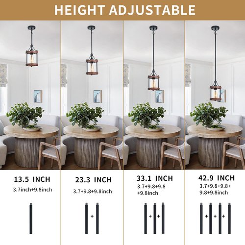 Ejerlya Farmhouse Pendant Light, Rustic Walnut Wood Metal Cage Hanging Light Fixtures with Glass, Adjustable for Flat and Slop Ceiling, Pendant Lighting for Kitchen Island Foyer Hallway,2-Pack