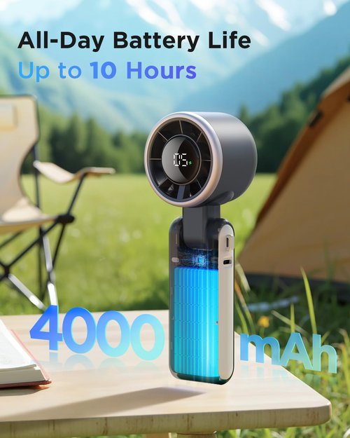 EasyAcc Handheld Portable Turbo Fan, Hand Powerful Fan 4000 Battery 5 Speeds 180°Foldable with Air Turbo Tech USB-C Rechargeable Personal Cooling for Travel Outdoor Black
