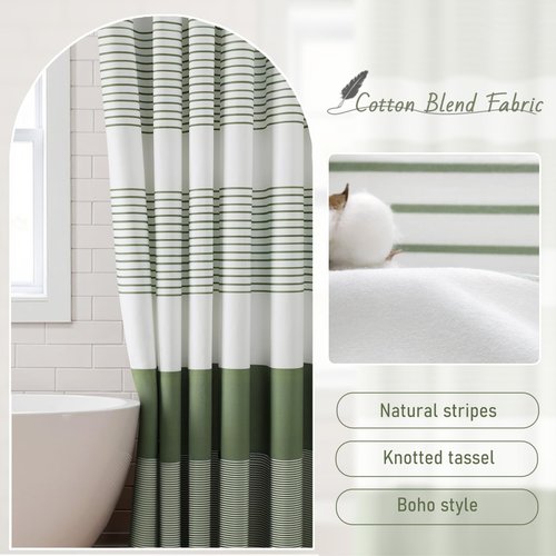 XOGUIBO Sage Green Shower Curtain Cotton Boho Striped Shower Curtains for Bathroom with Tassel 72 X 72