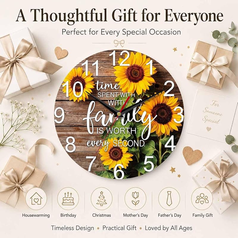 Sunflower Family Quote Wall Clock 10 Inch - Sunflower 1+10 Inch, Battery Operated