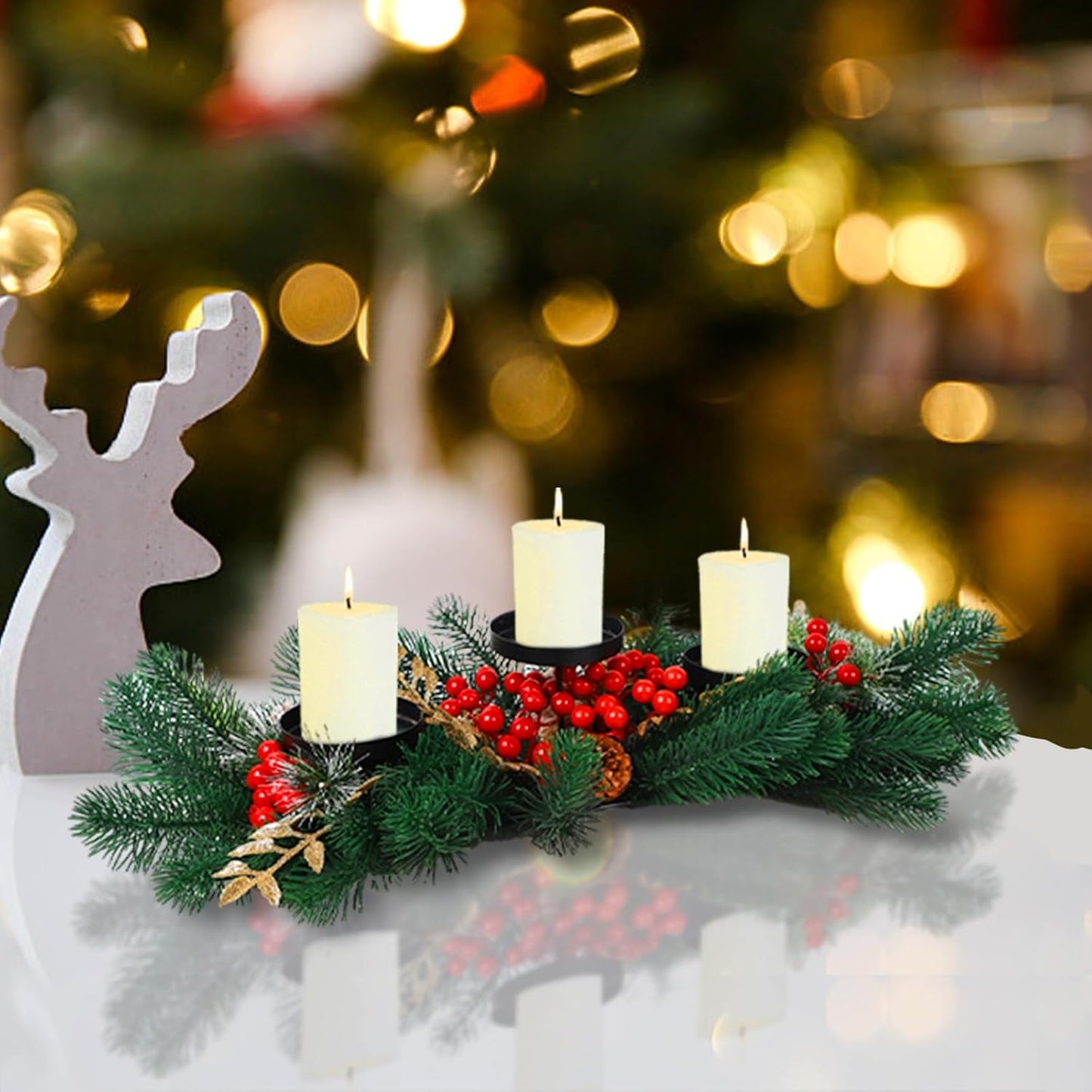 MorTime Christmas Centerpiece - 3 Candle Holders with Red Berries & Pine Cones | Indoor Holiday Table Decor