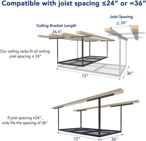 FLEXIMOUNTS Overhead Garage Storage Rack - Adjustable Ceiling Mount | 3x6 ft, 900 lbs Capacity, Black