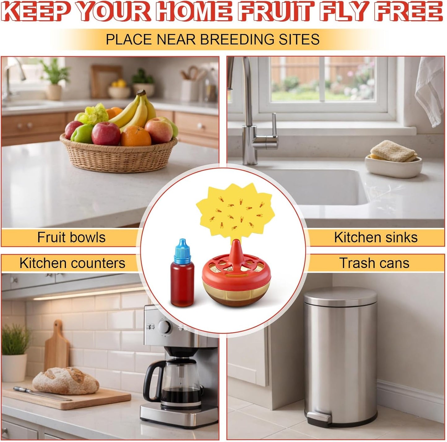 Skiennix Fruit Fly Trap Refill Liquid Kit - 2 Bottles (0.68oz Each) with Reusable Traps & Sticky Pads for Safe Indoor Use