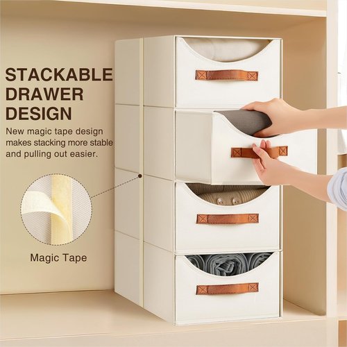 Homsorout Stackable Storage Drawers - Large Collapsible Bins with Drawers | 4-Pack Fabric Organizers in Light Beige