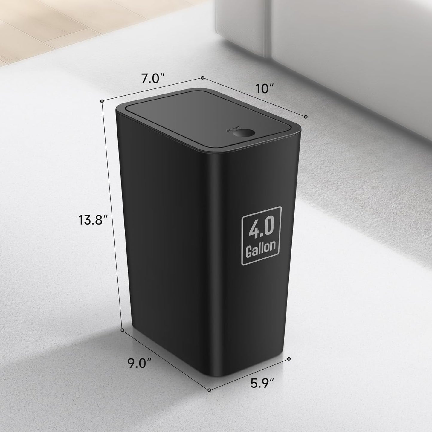 TIPGO Bathroom Trash Can - 4 Gallon Press Top Bin with Pop-Up Lid | Black Plastic Wastebasket for Home or Office