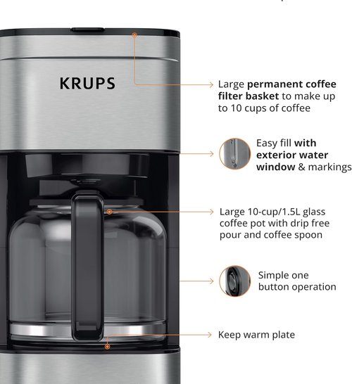 KRUPS Coffee Maker - 10-Cup Stainless Steel Drip Coffee Maker | Drip-Free, Dishwasher Safe, 900 Watts