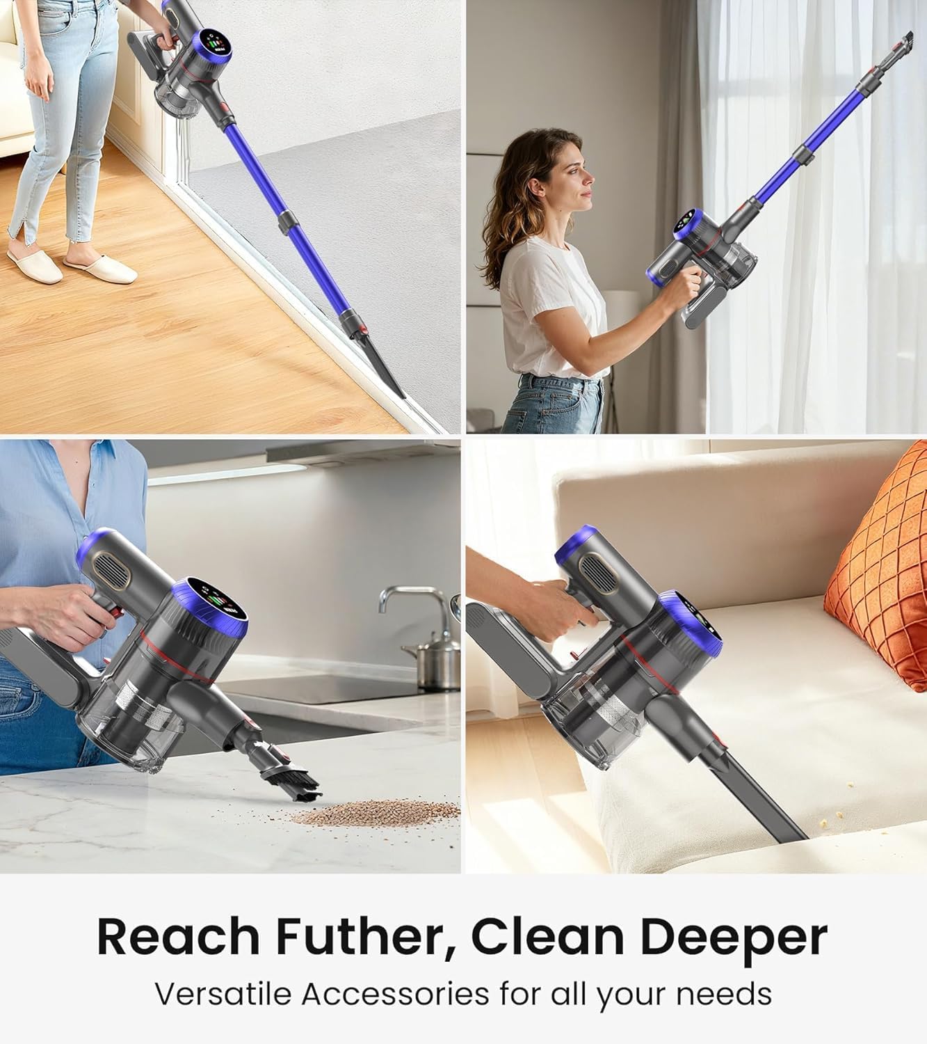 Skiennix Cordless Vacuum Cleaner - 550W, 45kPa Suction Power, 65 Mins Runtime, LED Display, Anti-Tangle Brush