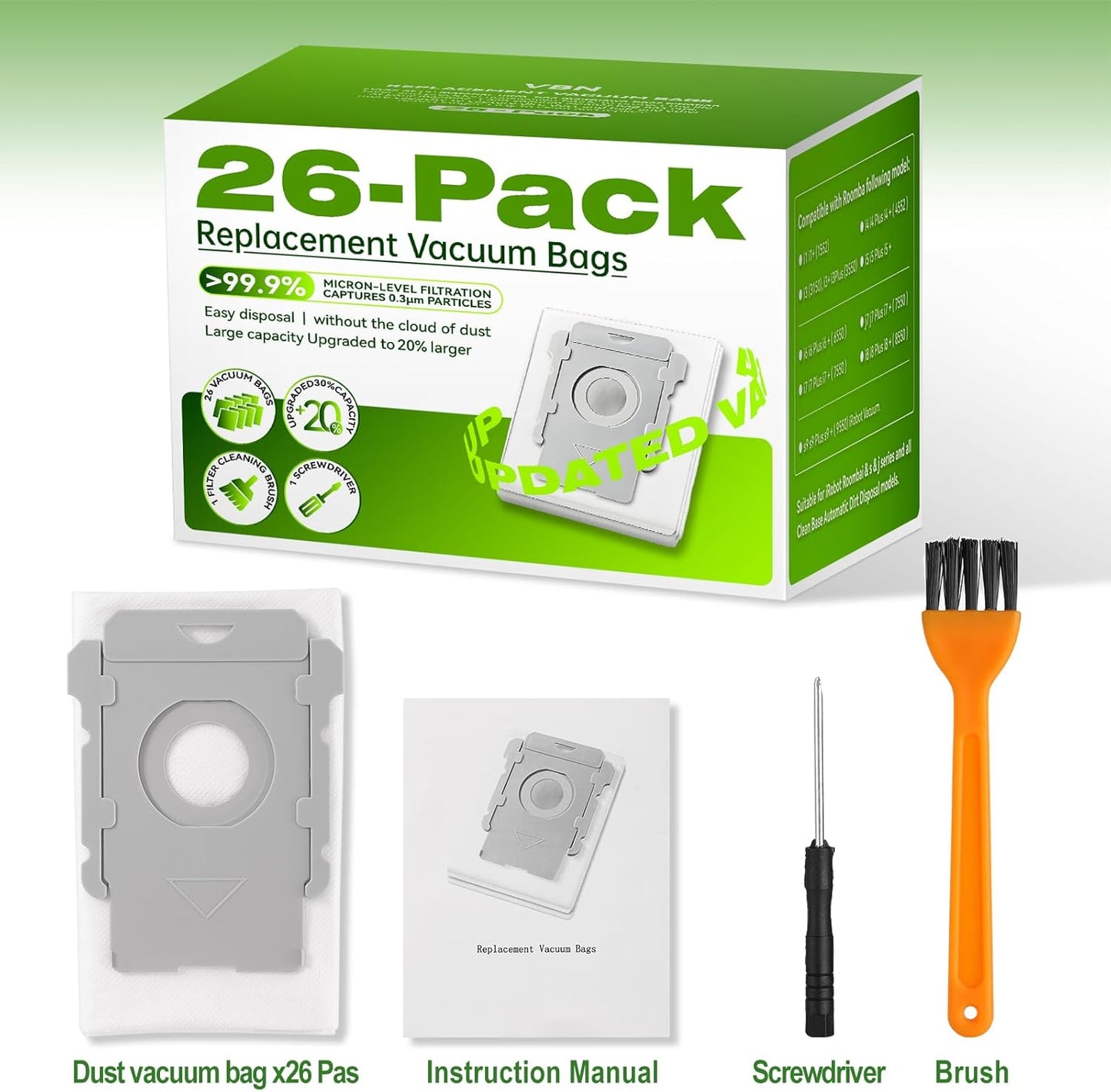 VBN 26-Pack Vacuum Bags for iRobot Roomba | Compatible with i3+, i4+, i5+, i6+, i7+, i8+, j7+, j8+, j9+, s9+